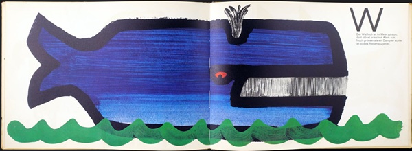 Zeichnung von Celestino Piatti für das Bilderbuch "ABC der Tiere", hier die Illustration zum Buchstaben "W" mit einem sich über zwei Seiten erstreckenden Wal (Blauwal)