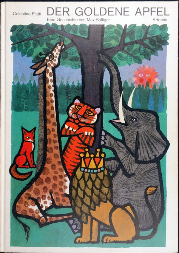 Zeichnung des Malers Celestino Piatti für das Bilderbuch der goldene Apfel, zeigt eine gruppe von tieren (Giraffe, Elefant, Löwe, Fuch, Tiger) sitzende unter einem baum 