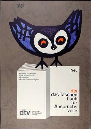 Ein stilisierter Uhu sitzt auf einem offenen Buch, das Informationen über eine Buchreihe von dtv enthält. Ein Werbeplakat des Schweizer Grafikers Celestino Piatti für den deutschen Taschenbuchverlag dtv.