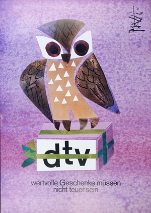Eine stilisierte Eule sitzt auf einem Geschenk mit der Aufschrift 'dtv' vor einem lila Hintergrund. Ein Werbeplakat des Schweizer Grafikers Celestino Piatti für den deutschen Taschenbuchverlag dtv.