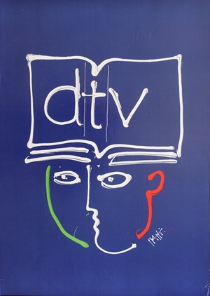 Ein abstraktes Kunstwerk mit einem blauen Hintergrund, das ein Gesicht darstellt mit einem aufgeschlagenen Buch als Stirn /Haare, mit den Buchstaben 'dtv' in der Mitte. Ein Werbeplakat des Schweizer Grafikers Celestino Piatti für den deutschen Taschenbuchverlag dtv.