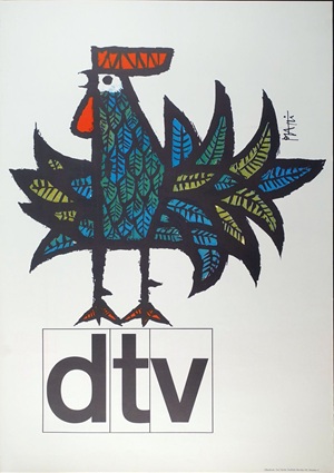 Ein stilisierter Hahn mit bunten Federn und dem Text 'dtv' darunter. Ein Werbeplakat des Schweizer Grafikers Celestino Piatti für den deutschen Taschenbuchverlag dtv.