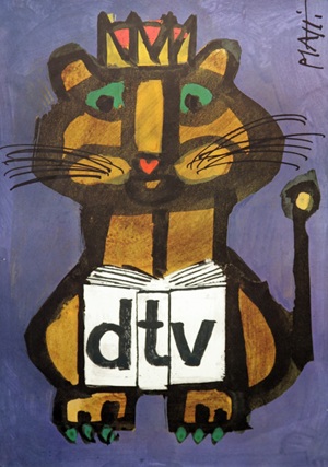 Ein stilisierter, gemalter Löwe mit einer Krone, der ein aufgeschlagenes Buch mit der Aufschrift 'dtv' hält. Ein Werbeplakat des Schweizer Grafikers Celestino Piatti für den deutschen Taschenbuchverlag dtv.