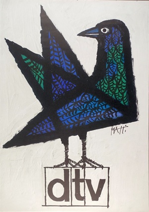 Ein stilisierter Vogel (Krähe) mit bunten Federn und dem Text 'dtv' darunter. Ein Werbeplakat des Schweizer Grafikers Celestino Piatti für den deutschen Taschenbuchverlag dtv.