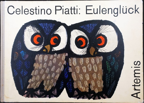 Zeichnung des Malers Celestino Piatti für das Bilderbuch eulenglück, zeigt zwei nahe beieinander stehende Eulen, welche sich liebevoll anschauen