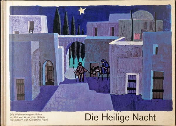 Zeichnung des Malers Celestino Piatti für das Bilderbuch Die Heilige Stadt, zeigt eine szene aus der biblischen geschichte, wo josef mit einem Wanderstock in der hand die müde maria auf einem esel sitzend in eine stadt führt