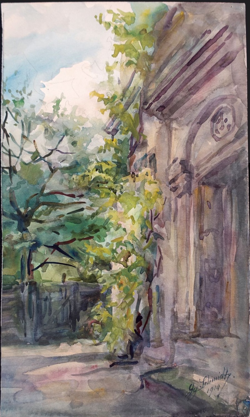 Aquarellmalerei des Nürnberger Landschaftsmalers Georg Schmidt, um 1914, zeigt ein Gebäude mit Pflanzen im Vordergrund und einem hellen Himmel.