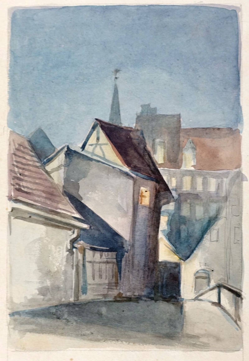 Aquarellmalerei des Nürnberger Landschaftsmalers Georg Schmidt, um 1910, zeigt ein Stadtbild mit schrägen Dächern und einem Kirchturm im Hintergrund.