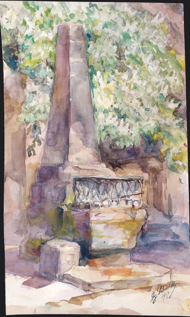 Aquarellmalerei des Nürnberger Landschaftsmalers Georg Schmidt, um 1917, zeigt einen alten Stein mit einer dekorativen Umrandung (Brunnen? Grabmal?), umgeben von grünen Blättern.