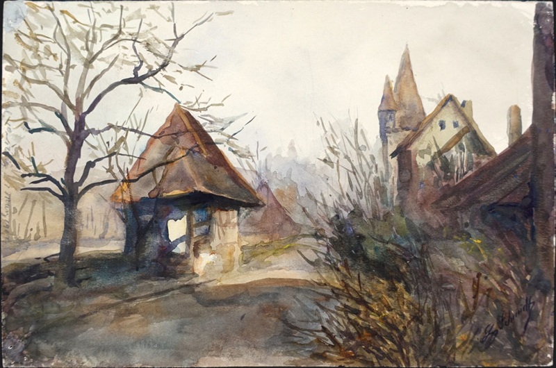 Aquarellmalerei des Nürnberger Landschaftsmalers Georg Schmidt, um 1917, Aquarelllandschaft mit einem ländlichen Weg, Bäumen und zeitgenössischen, döftlichen Gebäudeteilen und ein Dorfrand mit Kirchturm im Hintergrund.