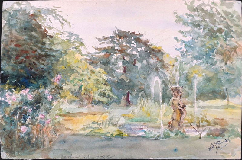Aquarellmalerei des Nürnberger Landschaftsmalers Georg Schmidt, um 1918, zeigt einen Garten mit einem Brunnen und blühenden Pflanzen im Vordergrund.