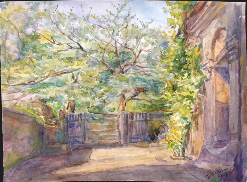 Aquarellmalerei des Nürnberger Landschaftsmalers Georg Schmidt, um 1914,, zeigt eine sonnige Gartenlandschaft mit einem Tor und Bäumen im Hintergrund.