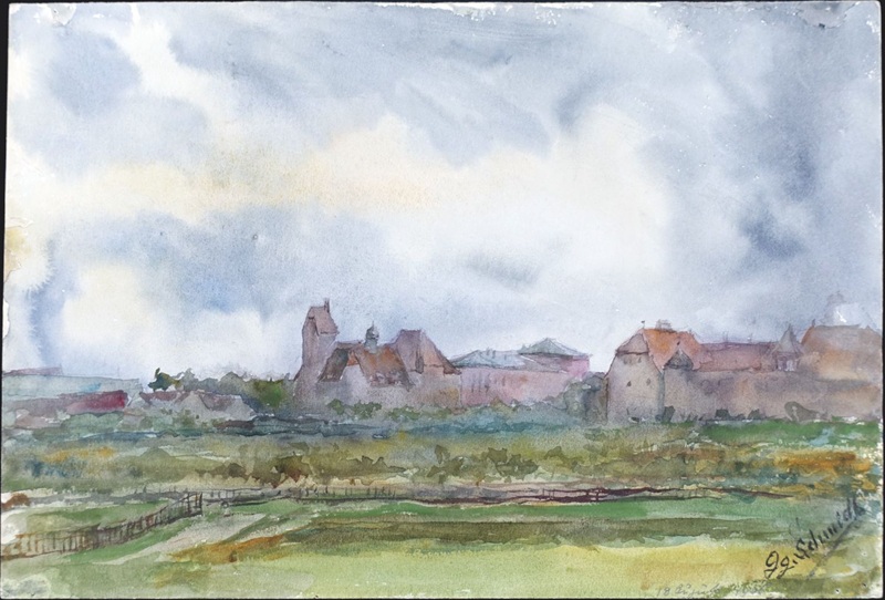 Aquarellmalerei des Nürnberger Landschaftsmalers Georg Schmidt, um 1915, zeigt eine Landschaft mit Gebäuden im Hintergrund und bewölktem Himmel.