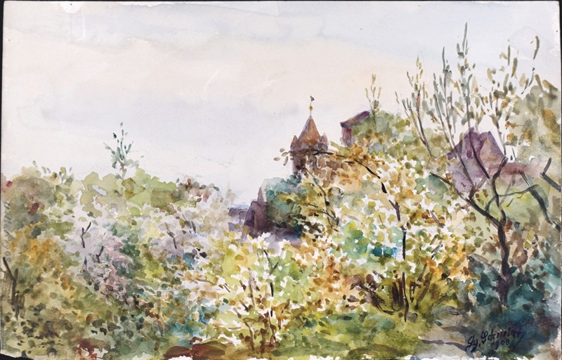 Aquarellmalerei des Nürnberger Landschaftsmalers Georg Schmidt, um 1908, blühende Landschaft mit Bäumen und einem Gebäude im Hintergrund.