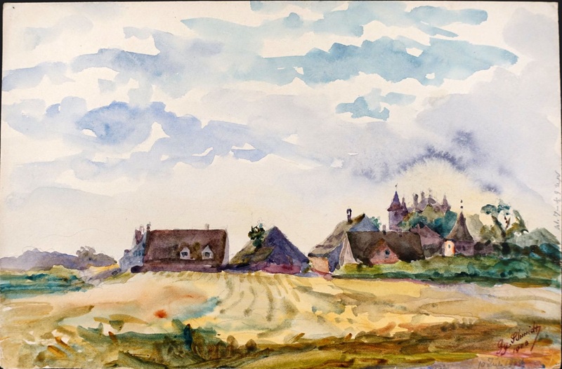 Aquarellmalerei des Nürnberger Landschaftsmalers Georg Schmidt, 1908, ländliche Landschaft, Häuser und ein bewölkter Himmel.