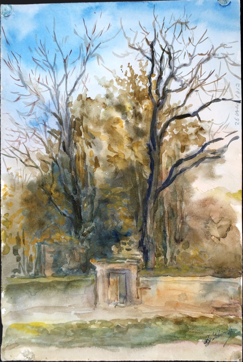 Aquarellmalerei des Nürnberger Landschaftsmalers Georg Schmidt, um 1913, Aquarellmalerei einer Landschaft mit Bäumen und einem Steingebilde.