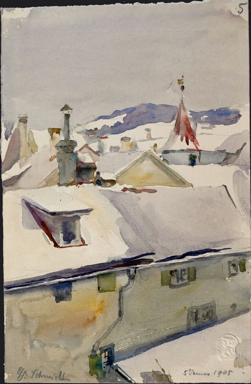 Aquarellmalerei des Nürnberger Landschaftsmalers Georg Schmidt, um 1905, schneebedeckte Dächer mit Schornsteinen und einem Turm im Hintergrund.