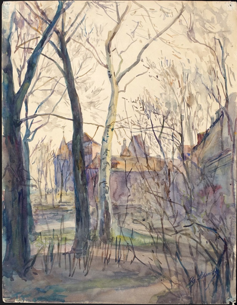 Aquarellmalerei des Nürnberger Landschaftsmalers Georg Schmidt, um 191, Bäume und schemenhafte Gebäuden im Hintergrund.