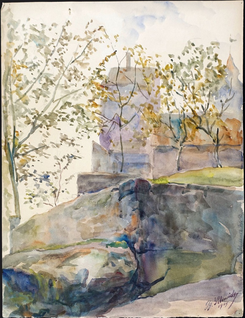 Aquarellmalerei des Nürnberger Landschaftsmalers Georg Schmidt, 1909, Bäume und einem Felsen im Vordergrund, im Hintergrund sind Gebäude sichtbar.
