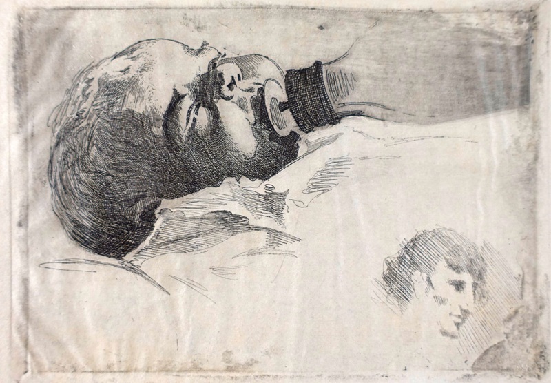 Radierung des Schweizer Künstlers Paul Tanner aus dem Jahr 1906, zeigt ein liegendes Kleinkind, welches mit geschlossenen Augen an einer Trinflasche nuckelt. Rechts uneten noch ein angedeutetes Portrait eines Männerkopfes, vermutlich ein Selbstportrait Tanners.