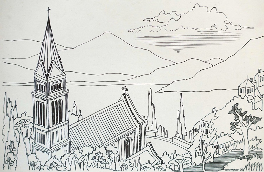 Tuschezeichnung des Grafikers und Fotografen Zebedäus Gremper, skizzierte Landschaft mit einer Kirche, Bergen im Hintergrund und einem See.