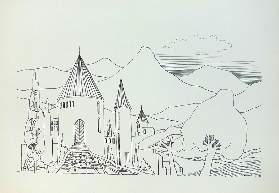 Tuschezeichnung des Grafikers und Fotografen Zebedäus Gremper, skizzierte Landschaft mit einem Schloss, umgeben von Bergen und Bäumen.