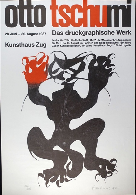 Ausstellungsplakat zur Ausstellung von Otto Tschumi. Das druckgraphische Werk im Kunsthaus Zug von 28. Juni bis 30. August 1987 schwarze und rote schrift und eine abbildung einer schwarzen katze, welche aufrecht steht und gegen den betrachter schaut und die krallen zeigt